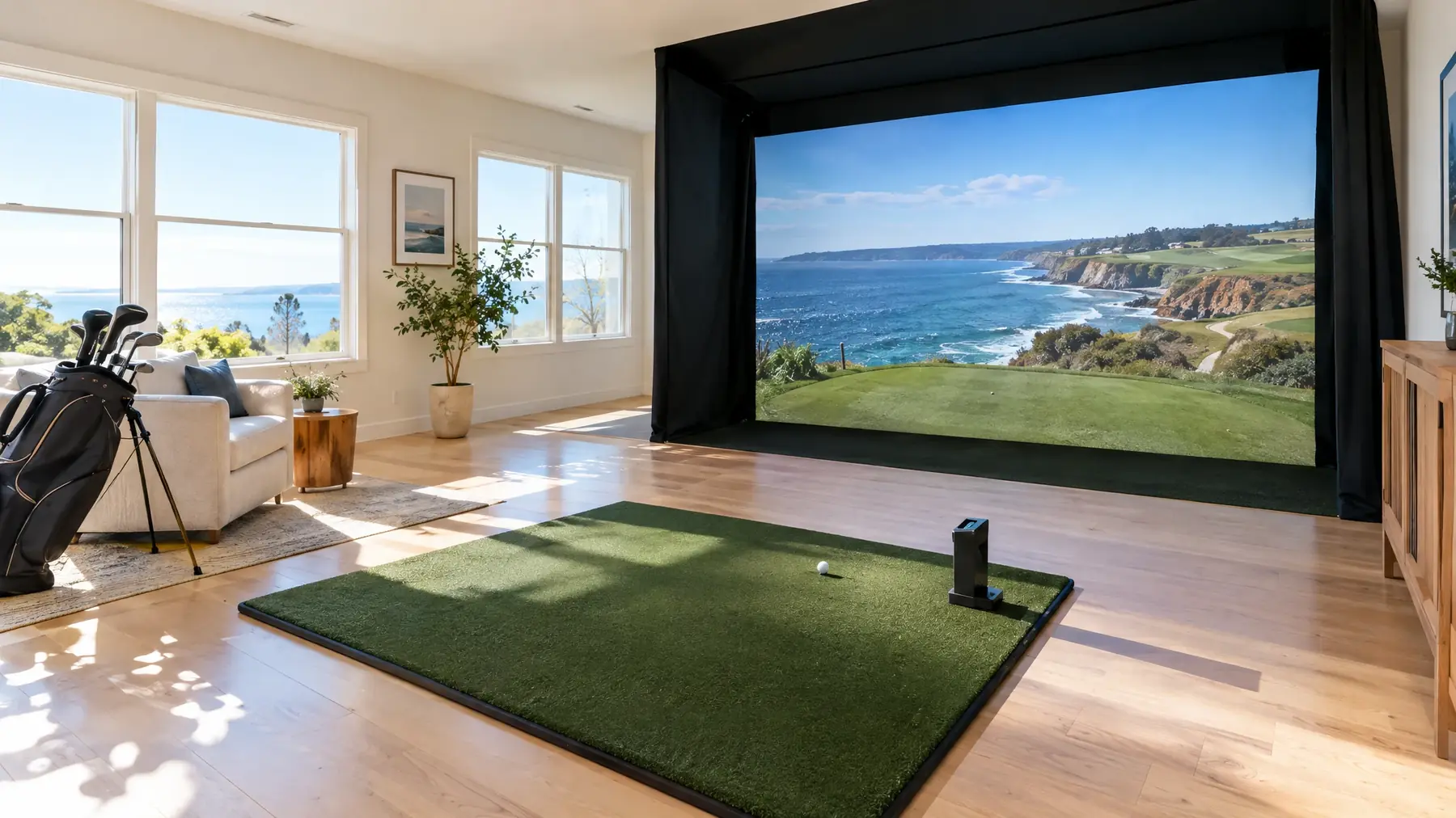 Bushnell Golf-style golf simulator bay, illustrative