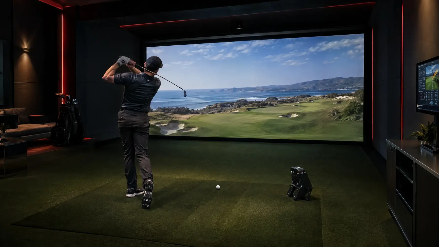 Foresight Sports-style golf simulator bay, illustrative