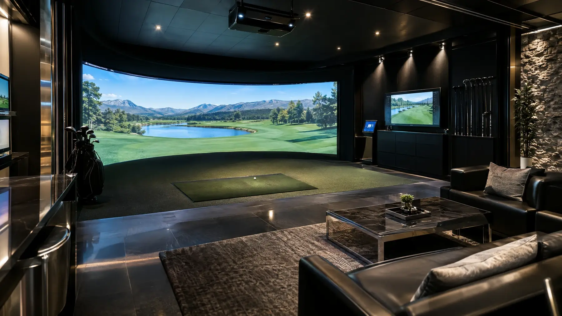 Full Swing-style golf simulator bay, illustrative