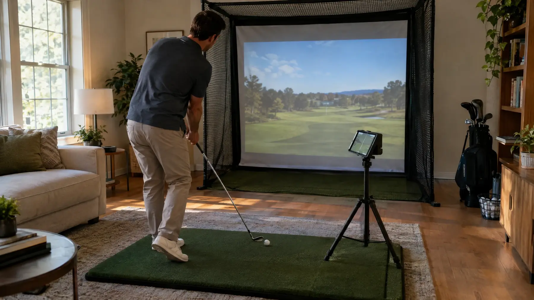 Garmin-style golf simulator bay, illustrative