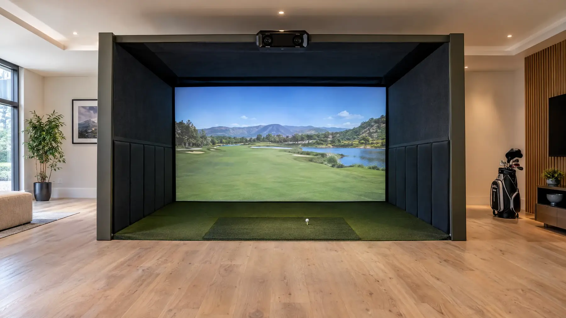 Golfin-style golf simulator bay, illustrative