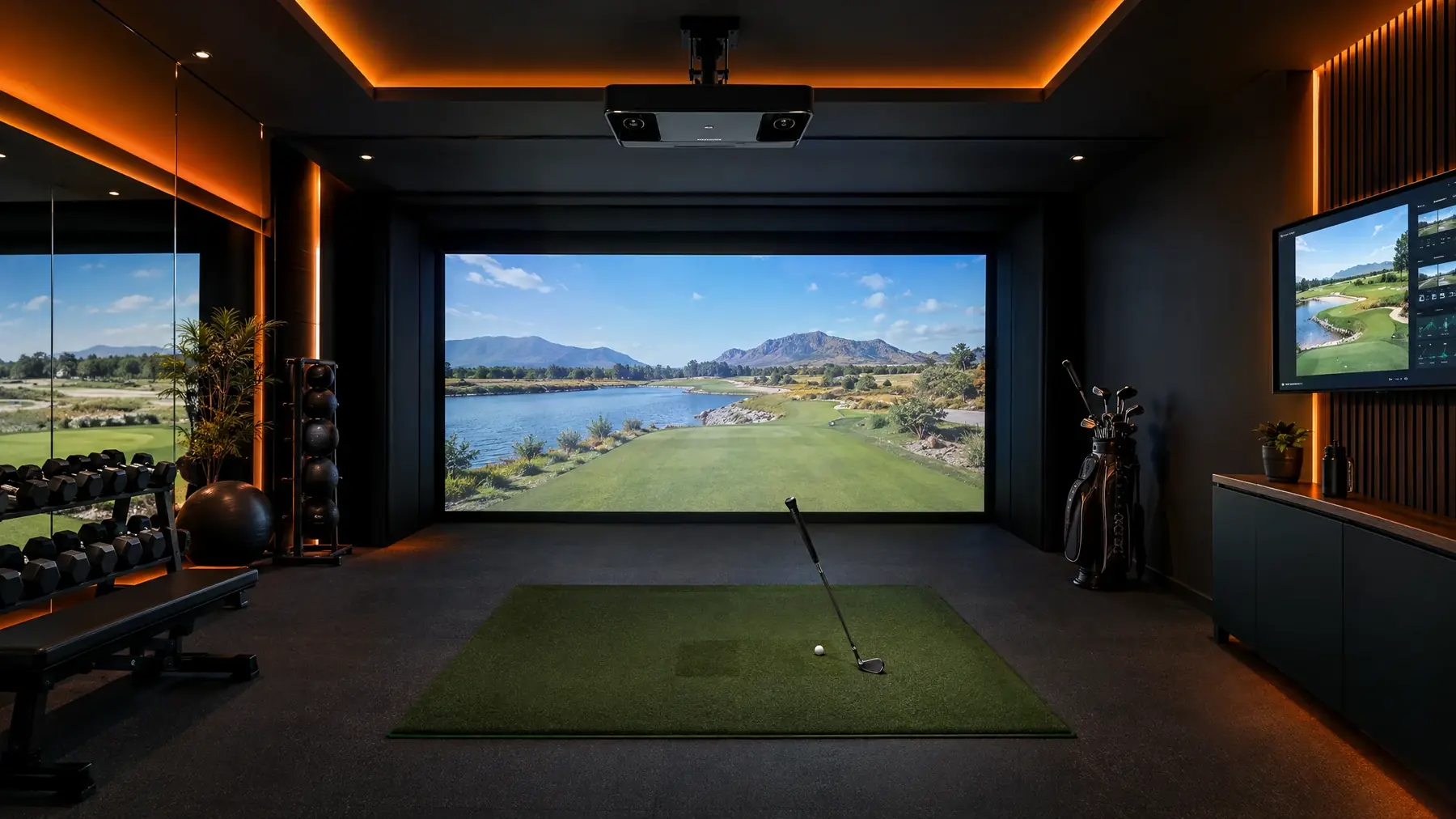 ProTee-style golf simulator bay, illustrative