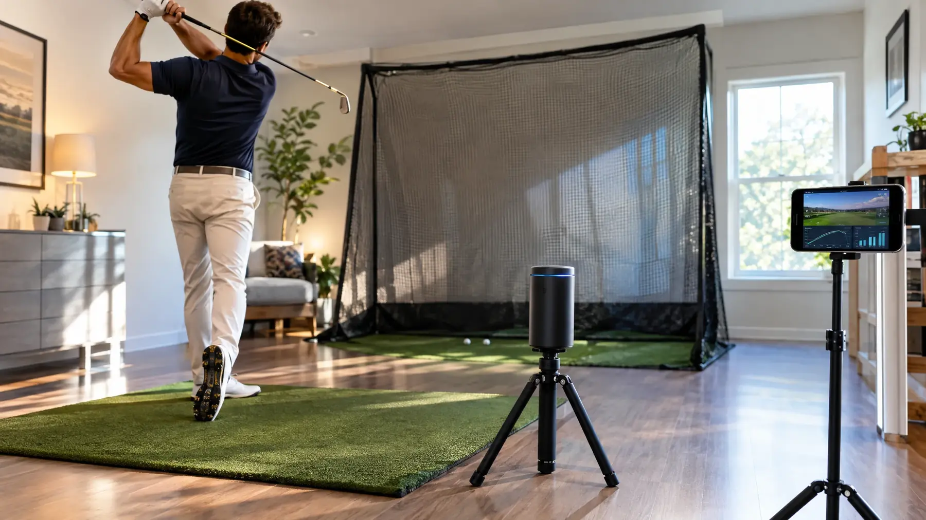Rapsodo-style golf simulator bay, illustrative