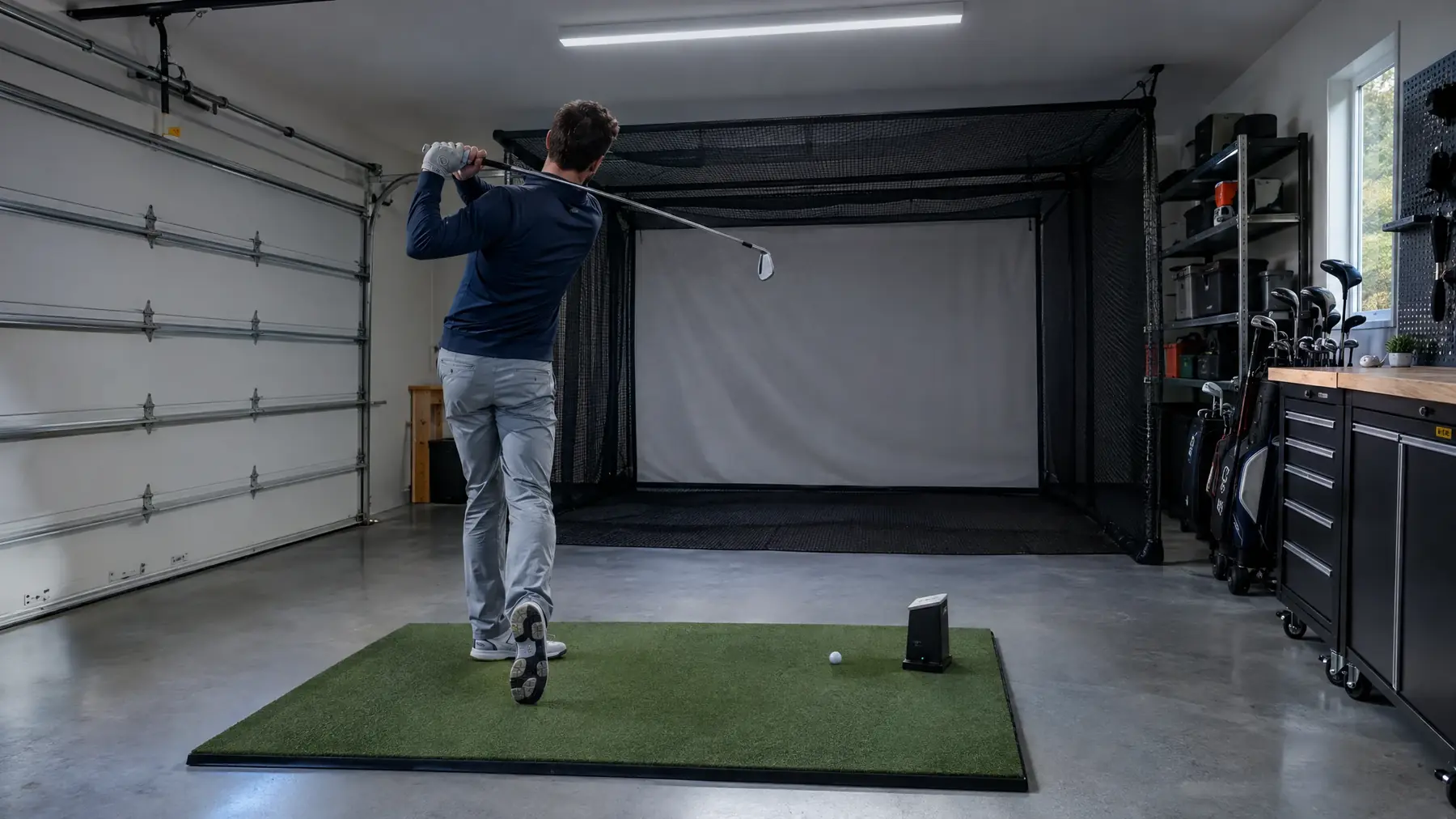 SkyTrak-style golf simulator bay, illustrative