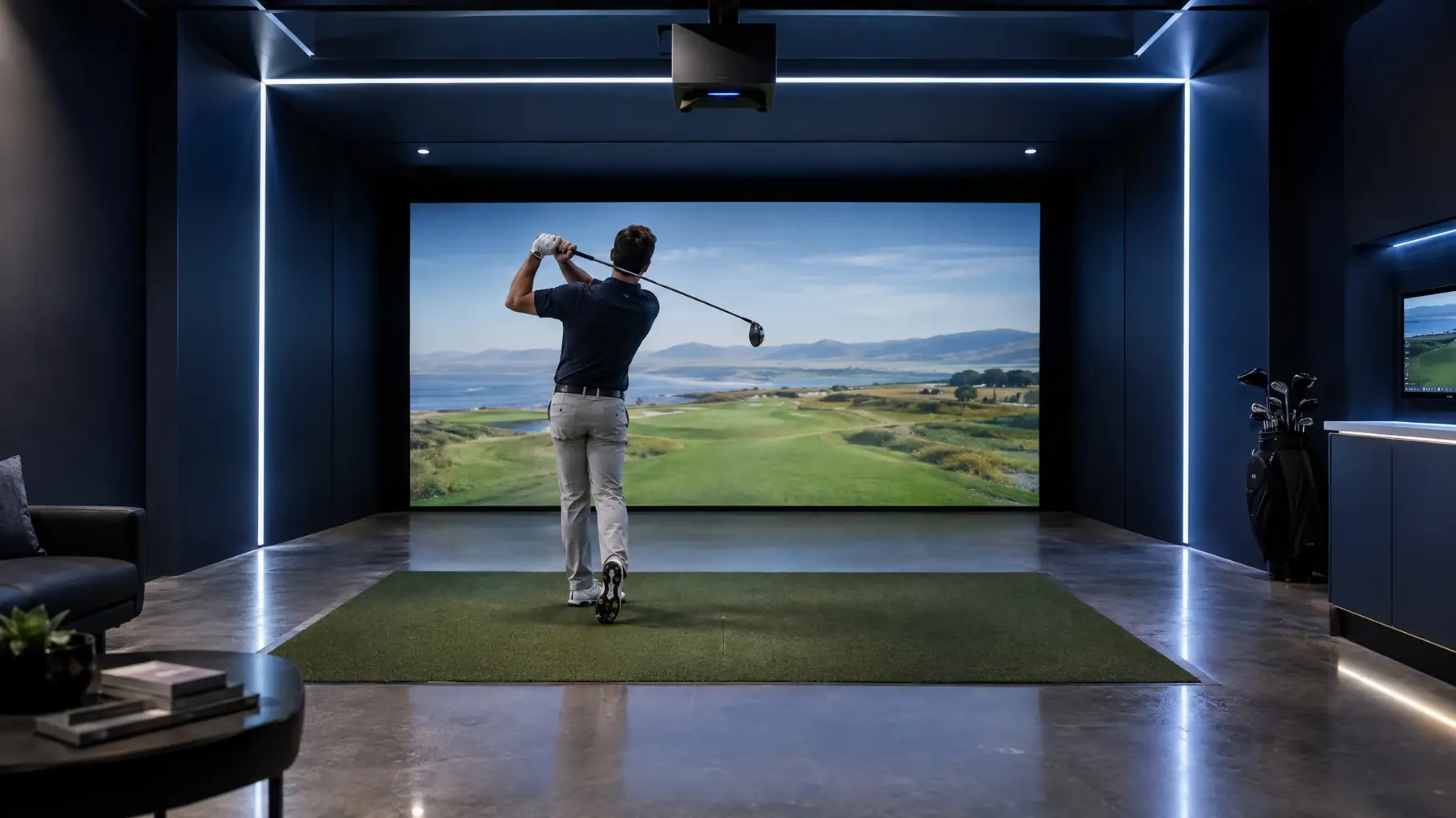 Trackman-style golf simulator bay, illustrative