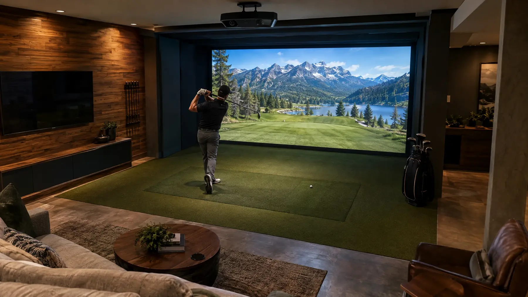 Uneekor-style golf simulator bay, illustrative