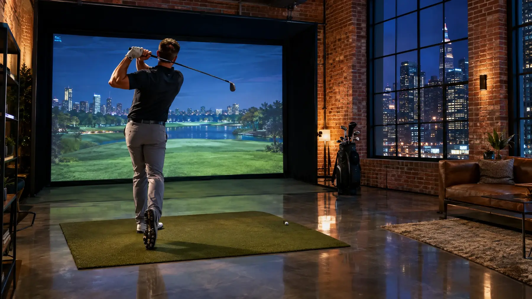 City loft golf simulator with a skyline view