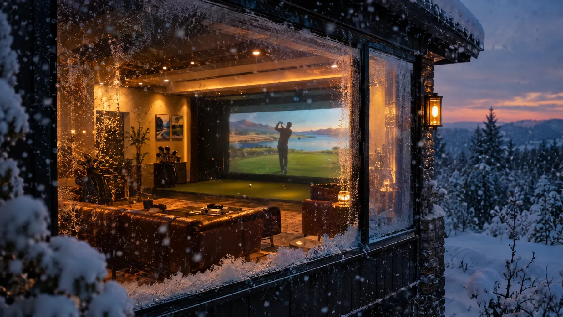 Warm simulator room seen through a snowy window