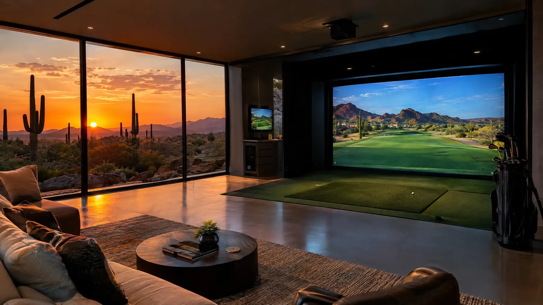 Simulator bay in a desert home with cactus and sunset views