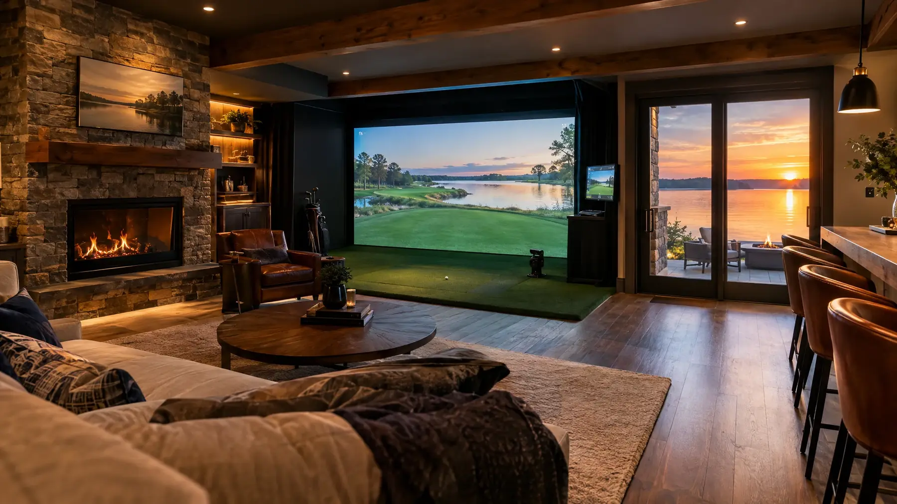 Lake house lower level golf simulator