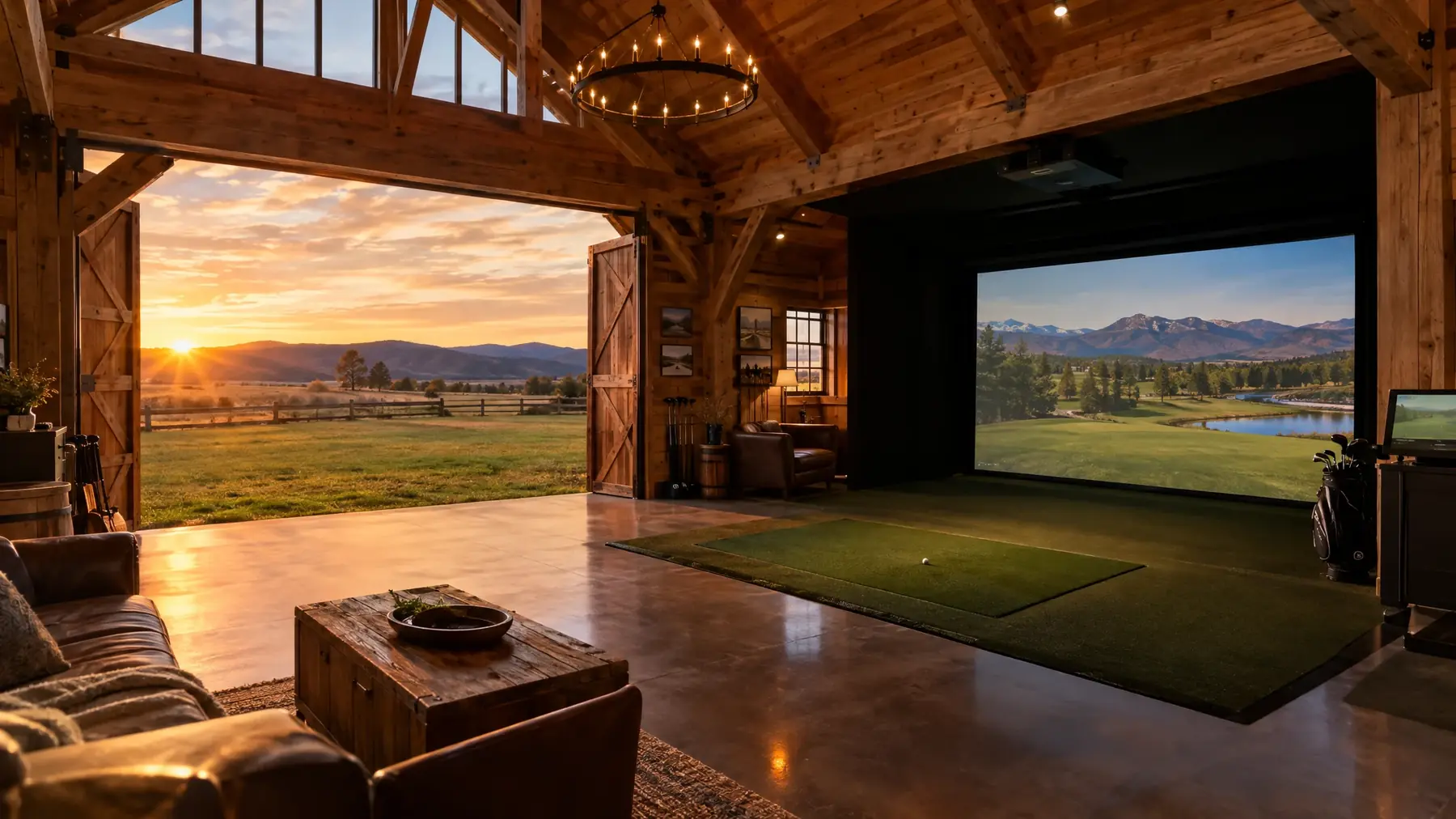 Barn style golf simulator building on a ranch