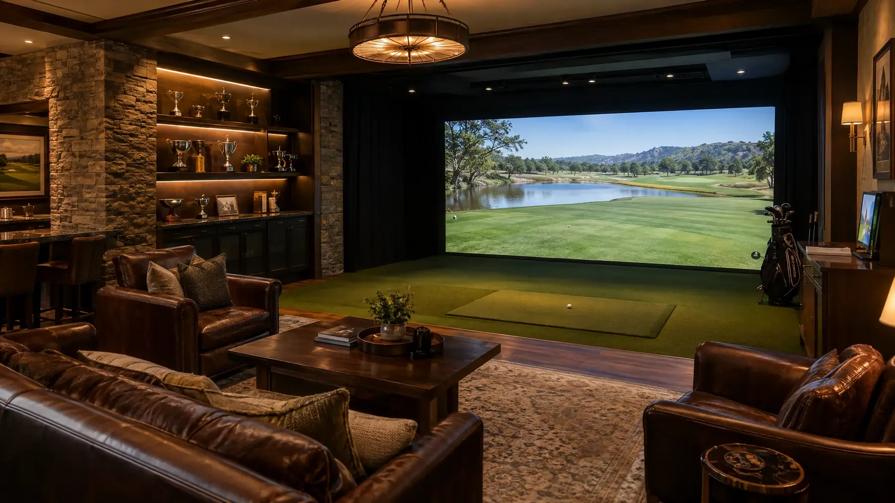 Country club golf simulator suite with leather seating