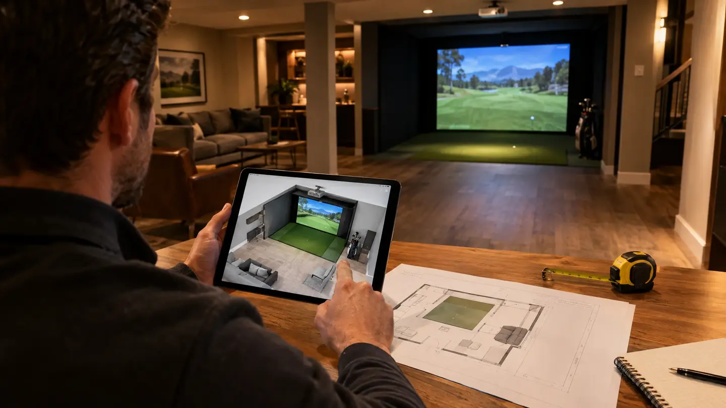 Designer showing a 3D simulator room layout on a tablet