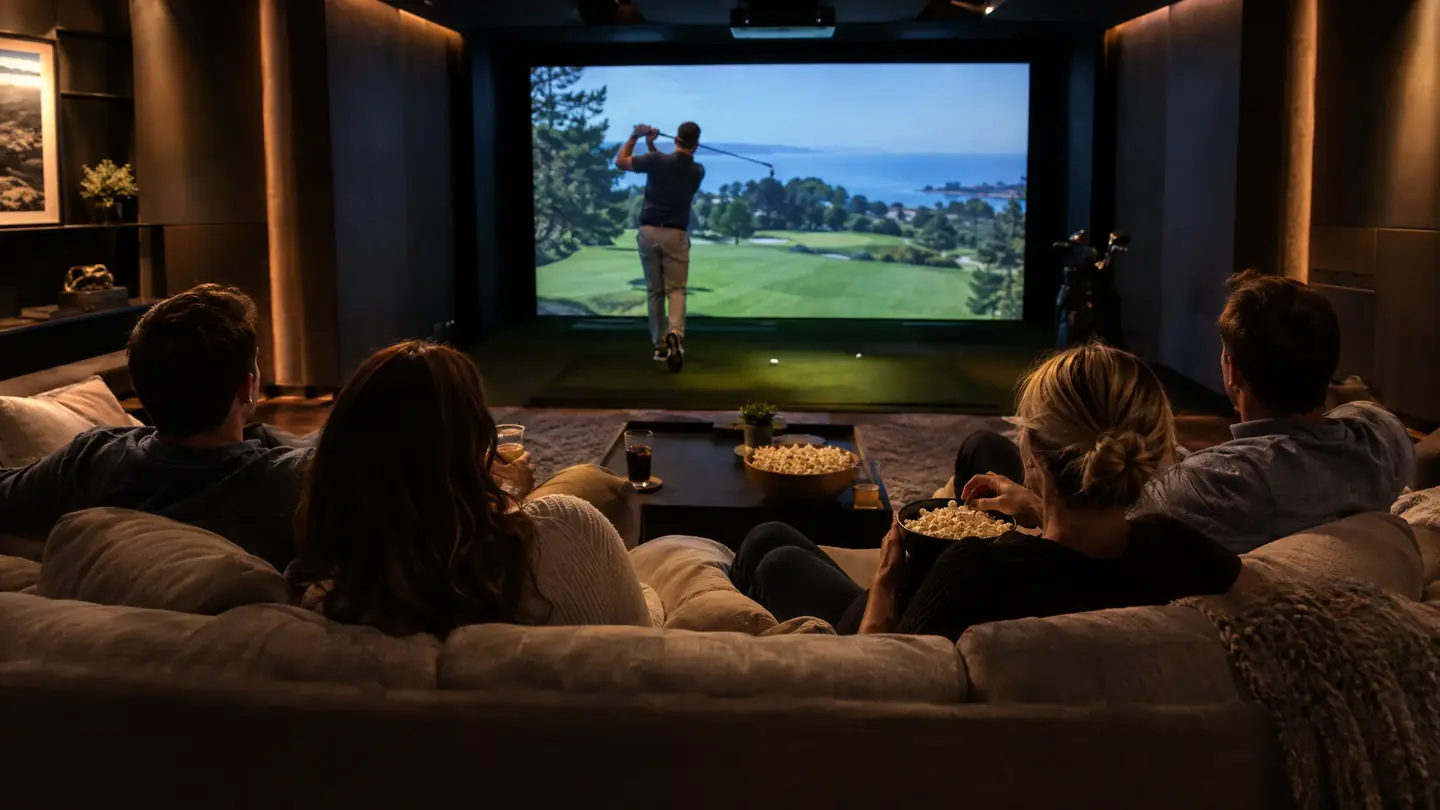 Family relaxing on a sectional watching a golfer in a home simulator room