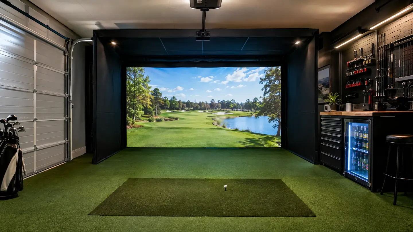 Converted garage golf simulator with an impact screen and turf