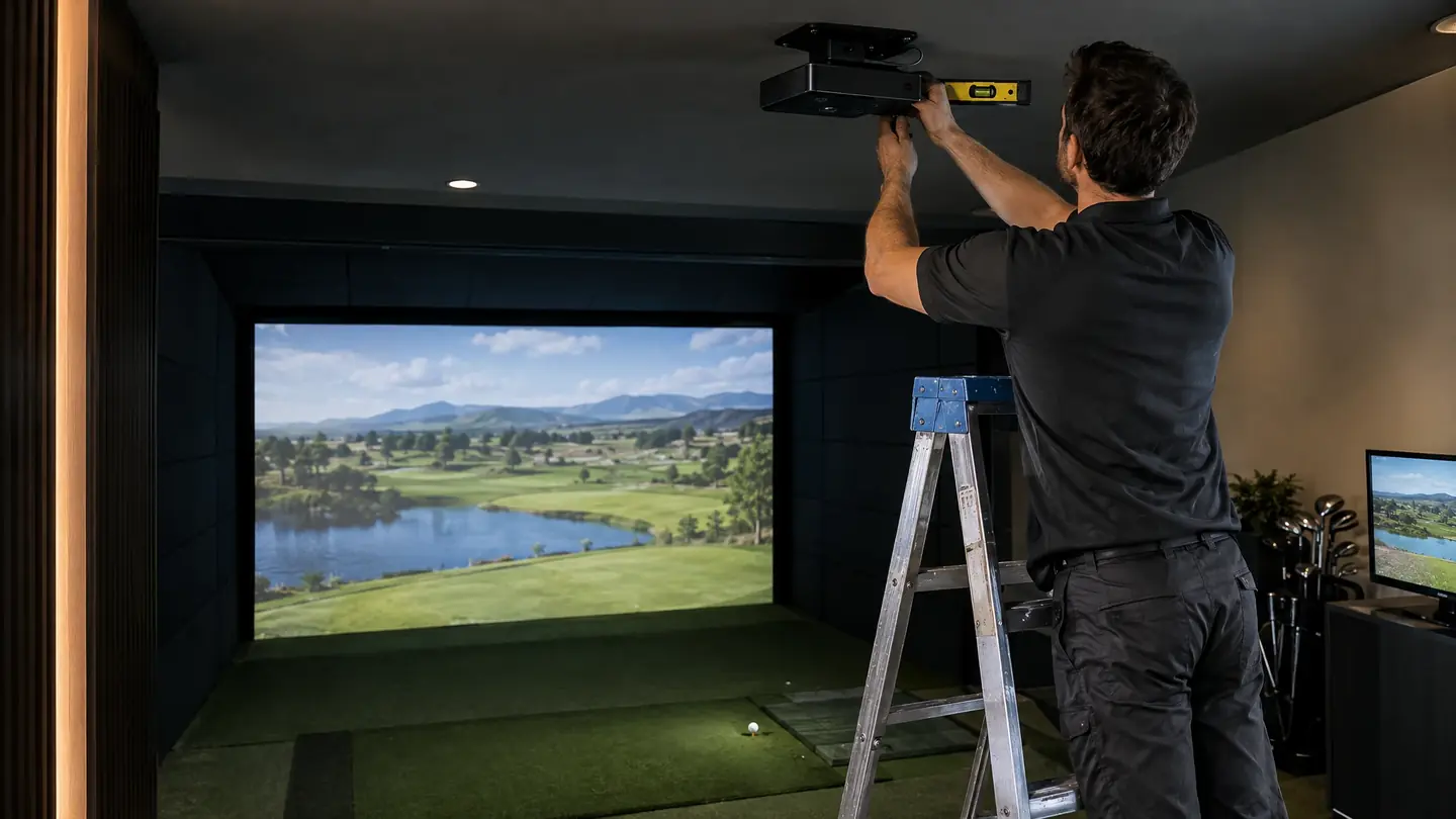 Technician mounting a ceiling launch monitor above a simulator hitting area