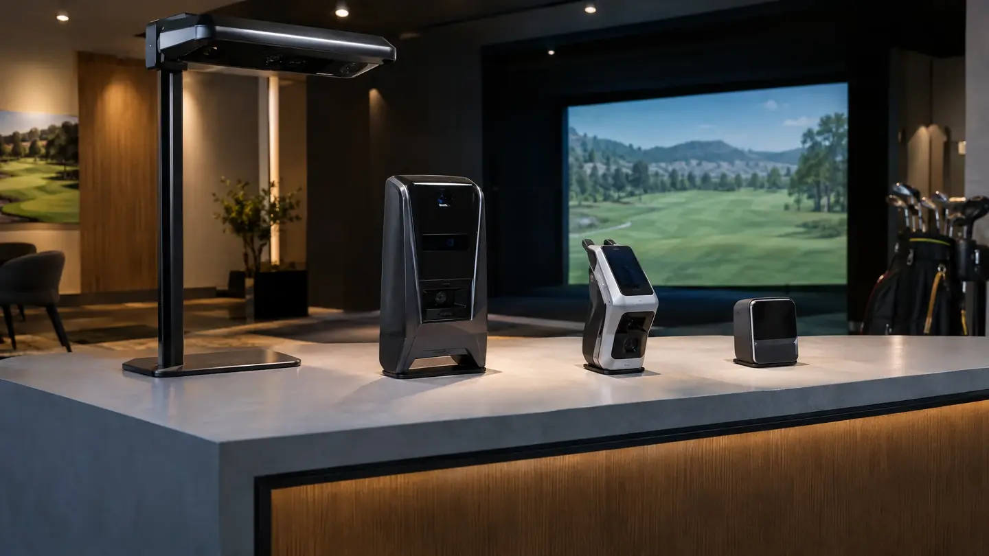 Showroom display of several launch monitor types