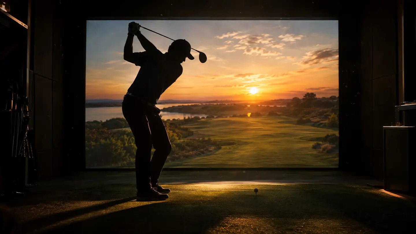 Golfer silhouette at the top of the backswing in front of a glowing simulator screen