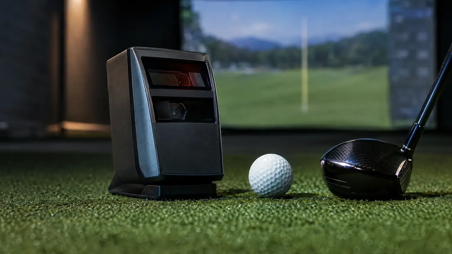 Compact radar launch monitor on turf beside a golf ball